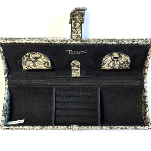 Tuscan Designs Travel Jewelry Case Black Lace Hard Roll Snap Close Velvet Inside - Picture 4 of 9