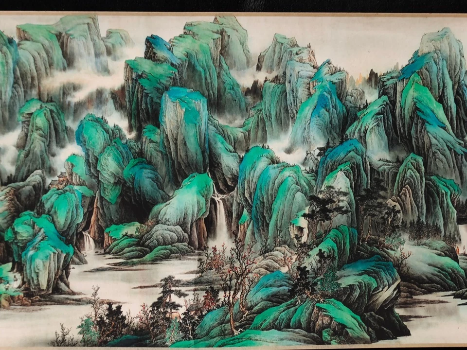 Pintura de paisagem verde de Dong Xiyuan "pergaminho padrão dragão de seda" - Imagem 2 de 4