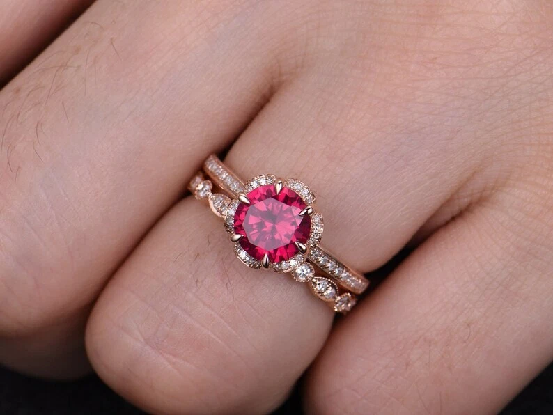 Rose Gold Plated 925 Silver Round Cut Ruby Vintage Engagement Ring Set for Her - Image 2 of 3