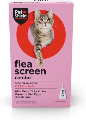 PET SHIELD Flea Screen Combo Cat - Spot-On Treatment for Cats & Kittens 3 Pipettes