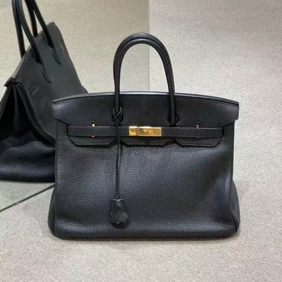 Hermès Birkin 35 Black Clemence Leather Handbag with Gold-Tone Auth Classic