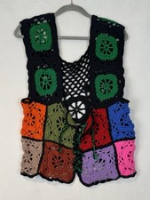 Black Sweater Vest Granny Square Tie Front light weight Handmade Crocheted