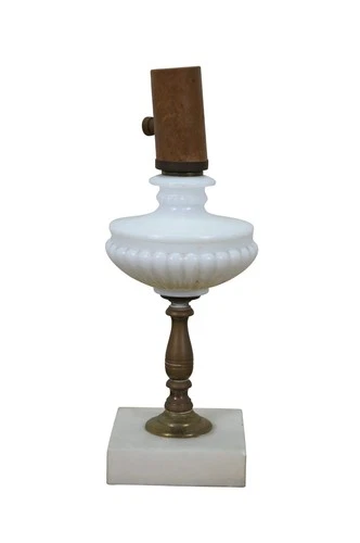 Small Vintage Fluted Milk Glass Marble Brass Budoir Vanity Table Lamp 11"