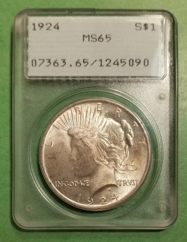 1924 S$1 Peace Dollar PCGS MS65 in vintage Gen 1.2 Rattler Old Green Holder OGH