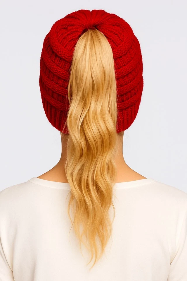 C.C Mujeres Gorro Cola de Caballo Moño Desordenado Sólido Acanalado Tejido Gorro Gorra Foto 4 de 4