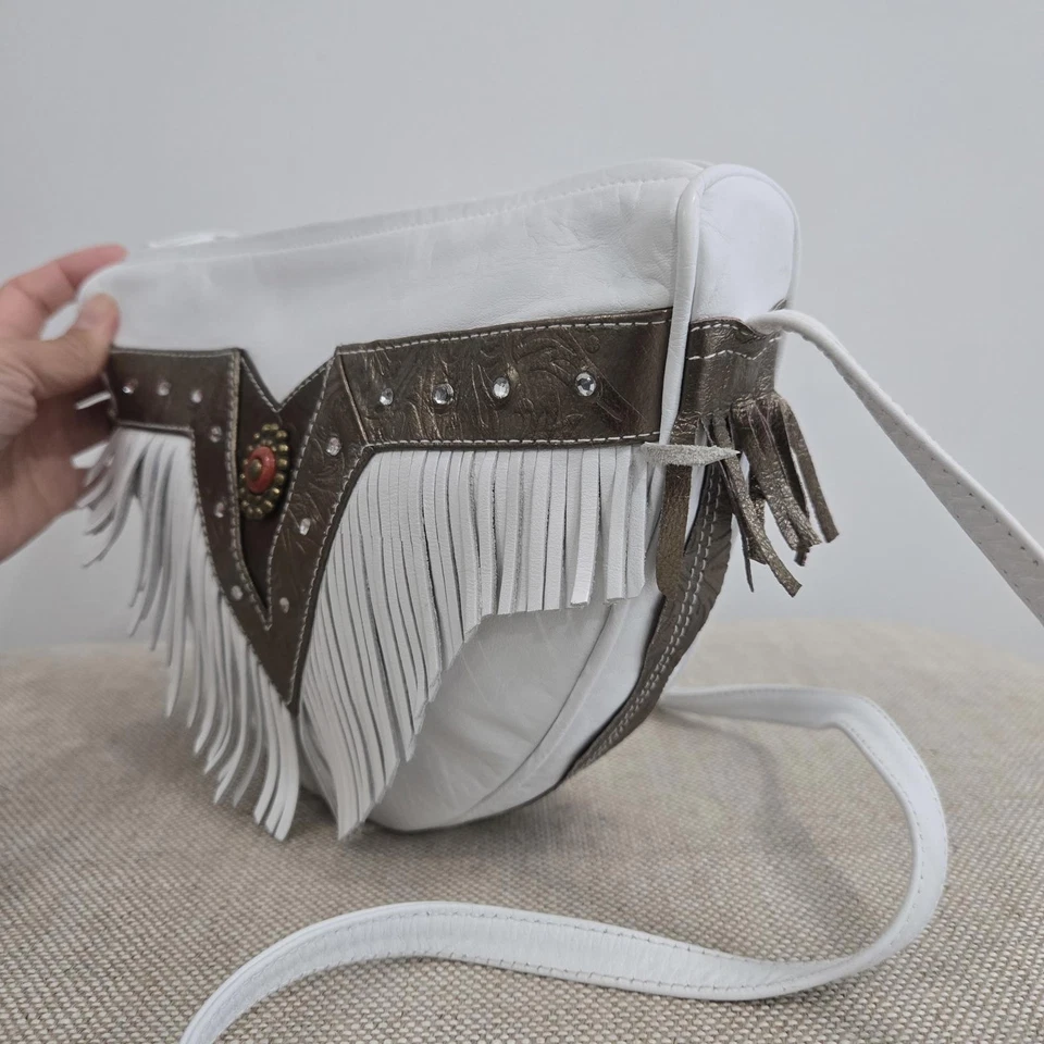 Bolso de Cuero Cellini Vintage Blanco Flecos Concho Hombro Bandolera Festival  Foto 4 de 4