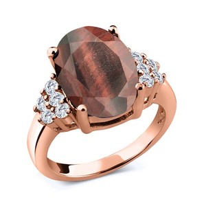 Authentic 4.38 Ct Red Tiger Eye E-F Lab Grown Diamond 18K Rose Gold Plated Silver Ring