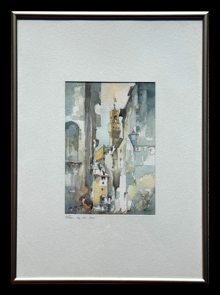 Artista Desconocido, Firmado Florencia Italia “Firenze Via dei Neri” Acuarela Original Foto 2 de 4