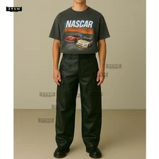 Mens Black Leather Cargo Pants-Leather Streetwear Utility Biker Workwear Trouser