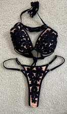 Black Floral Embroidered Push-Up Bikini Set Women  s Size S Two Piece Swimwear