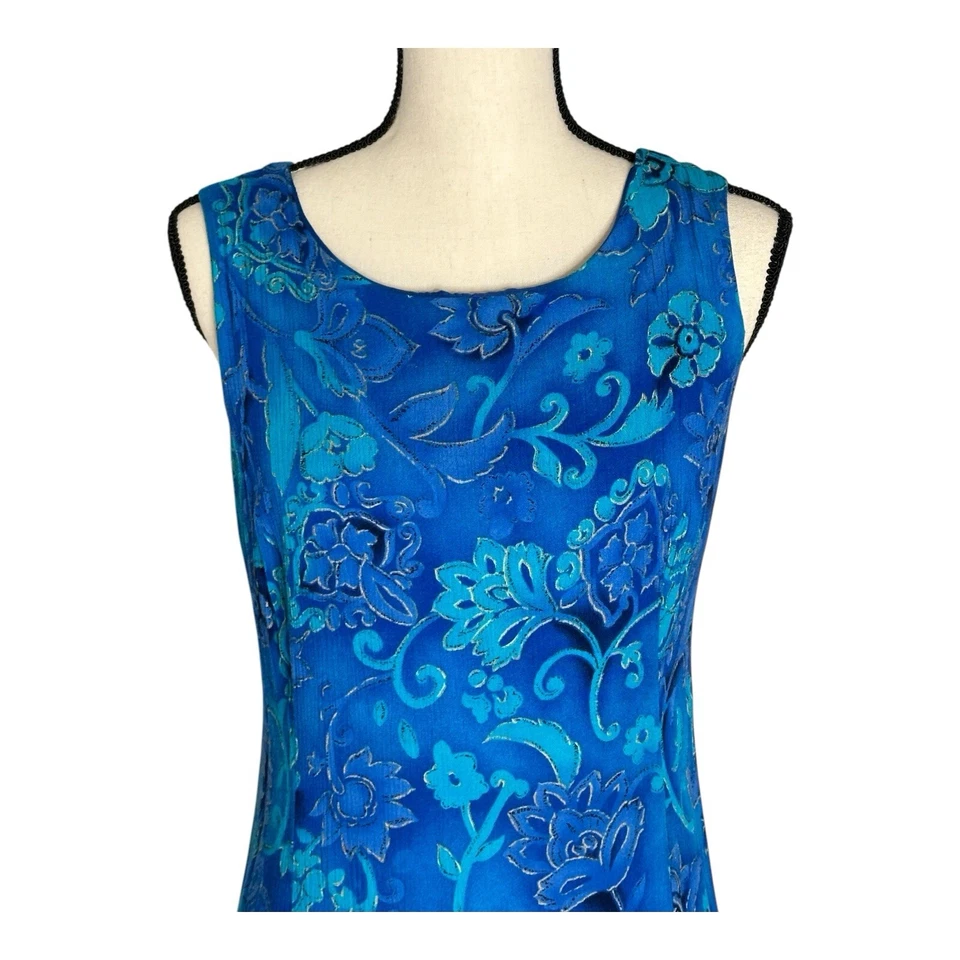 Maxi Vestido Sheri Martin New York Verde Azul Floral Sin Mangas Talla 14 Forrado Foto 2 de 4