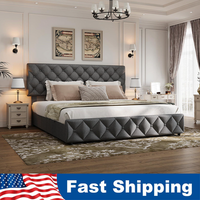 Full Queen King Size Bed Frame w/4 Drawers,Linen Upholstered