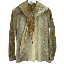 Vintage John Meyer Button Down Blouse Brown Paint Swirl Size S 70s Disco Scarf