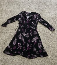 Mango Suit Black Purple Floral Dress V-Neck Long Sleeve Tie Closure Size US 2