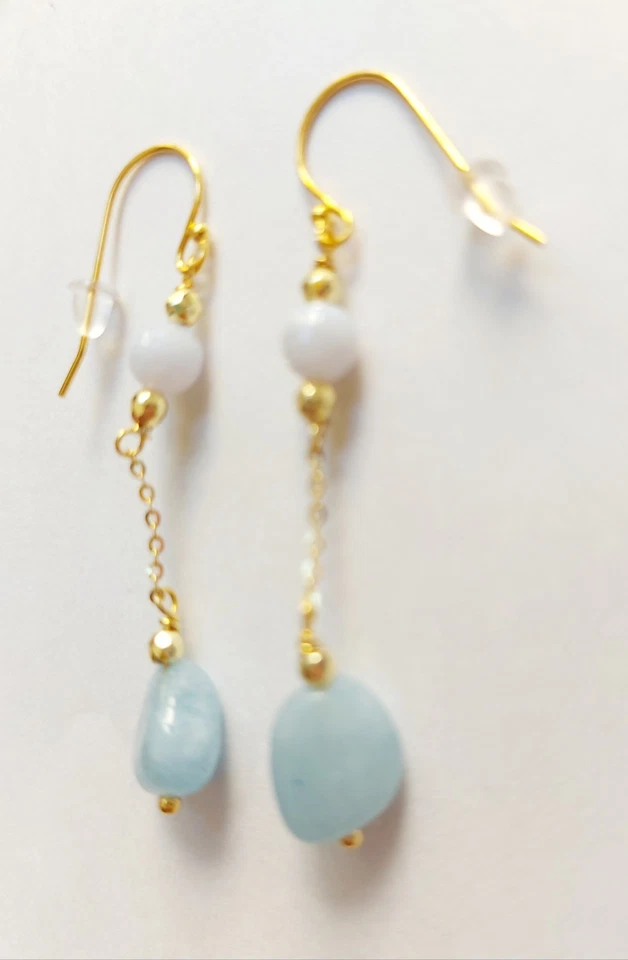 Orecchini pendenti in argento 925 laminato oro calcedonio acquamarina e ematite - Immagine 2 di 4