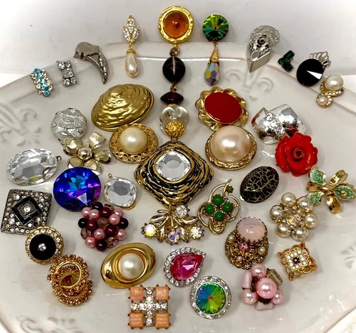 Lot Vtg Costume Jewelry Single Earrings Clip On Craft Repurpose Rhinestone M1