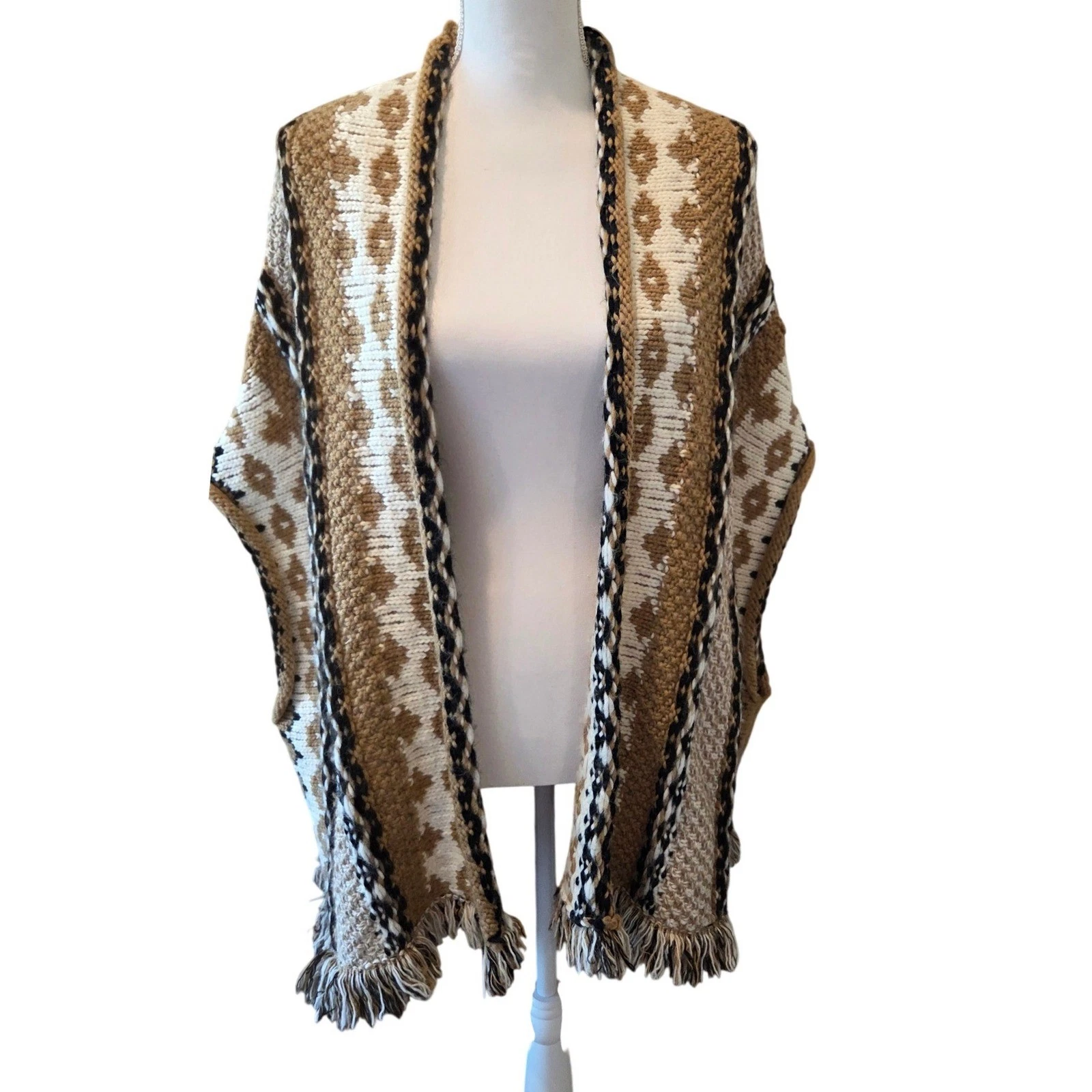 Cocogio Italy Wool Alpaca Blend Geometric Knit Fringe Poncho Wrap Tan Cream OSFA