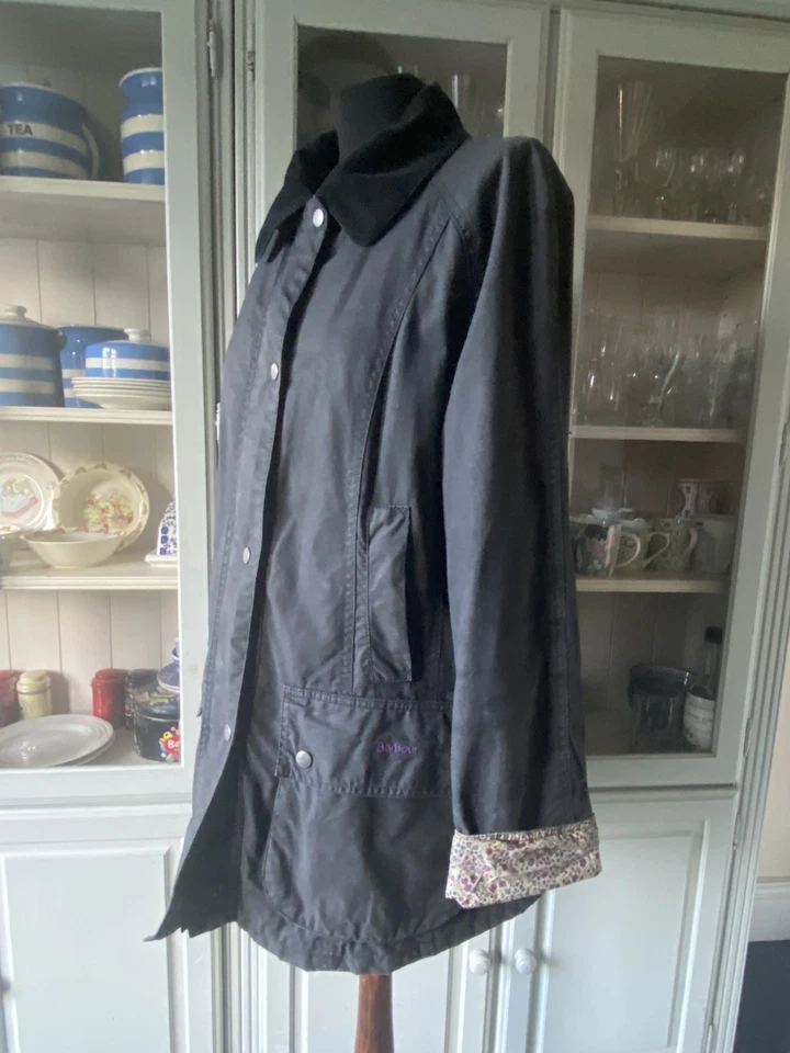 Barbour Beadnell Liberty Print Wax Waterproof Black Coat Jacket UK 18  - image 3 of 4