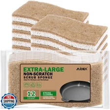AIDEA XL Non-Scratch Scrub Sponges, 12Count, Natural Sponge for Non Stick Coo