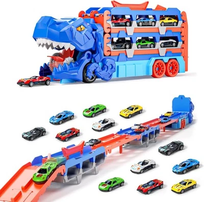 DOLOOWEE 2-in-1 Dinosaurier Transporter & 155 cm Doppelbahn mit Launcher – Spielspaß ab 3