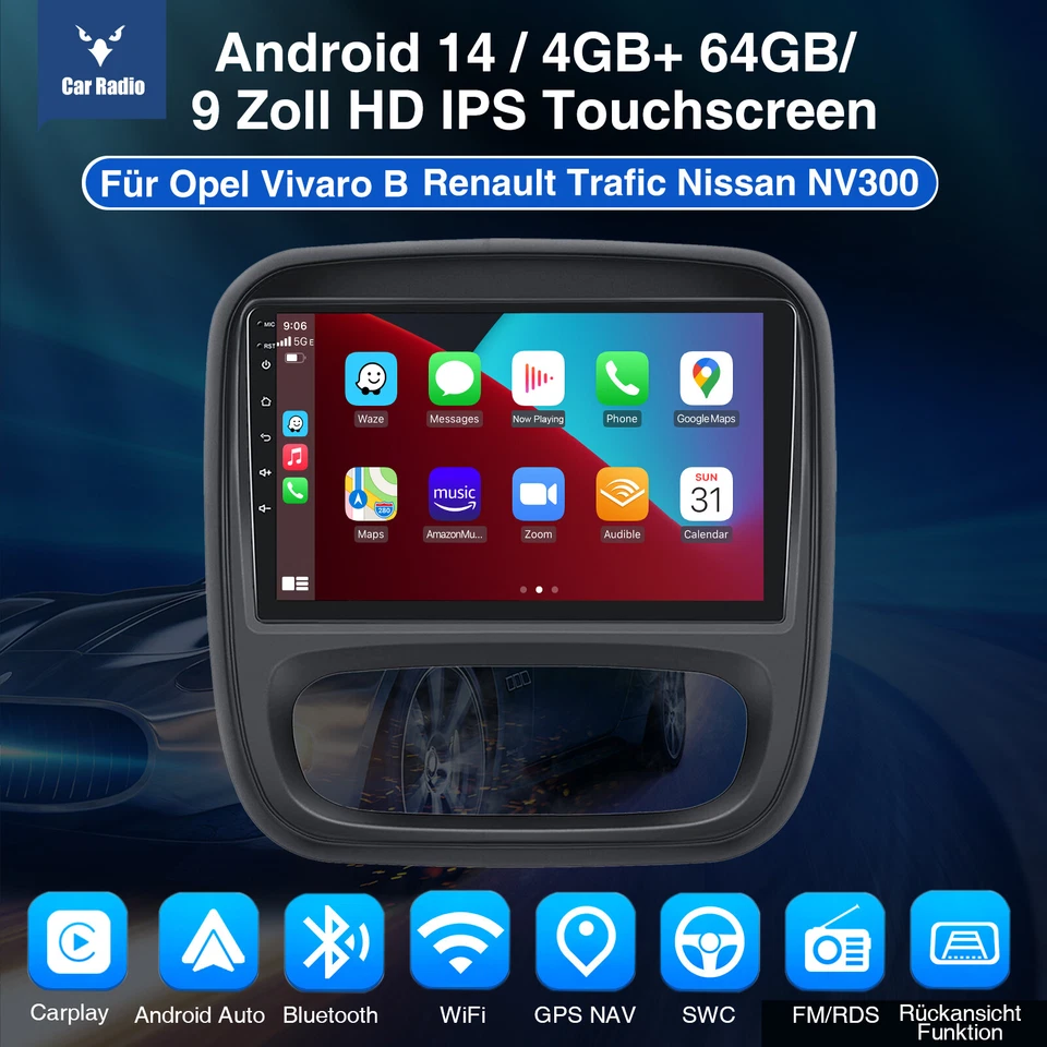 Für Opel Vivaro B Renault Trafic DAB+ CarPlay Autoradio Android14 GPS Navi 4+64G - Bild 2 von 4