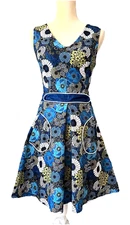 SMAK PARLOUR Blue Green Floral Retro Sleeveless Dress Pockets Stretch Fit Flar M