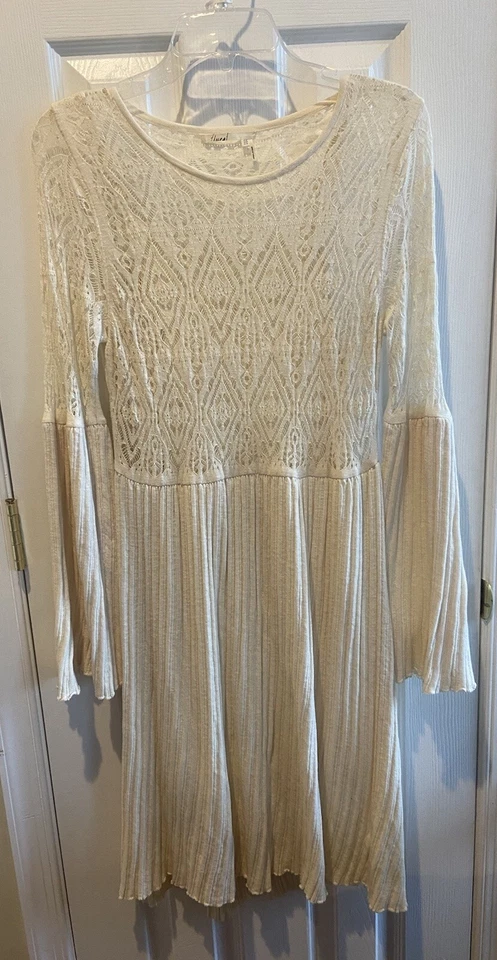 Floreat Dress Womens Medium Petite Ivory Lace Bell Sleeve Knit Anthropologie - Image 2 of 4