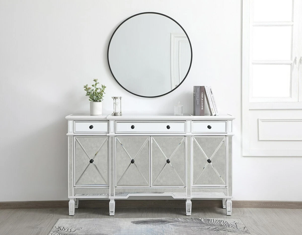 ANTIQUE WHITE MIRRORED CREDENZA BUFFET SIDEBOARD 4 DOORS 3 DRAWERS