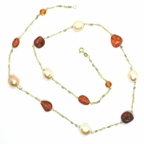 Collar de Oro Amarillo 18K, Jersey Con Corazones Y Gotas Ámbar Perla Rosa, 60 CM - Imagen 7 de 7