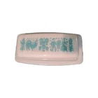 1960's Pyrex Butter Dish "AMISH BUTTERPRINT" Turquoise White Milk Glass USA NICE