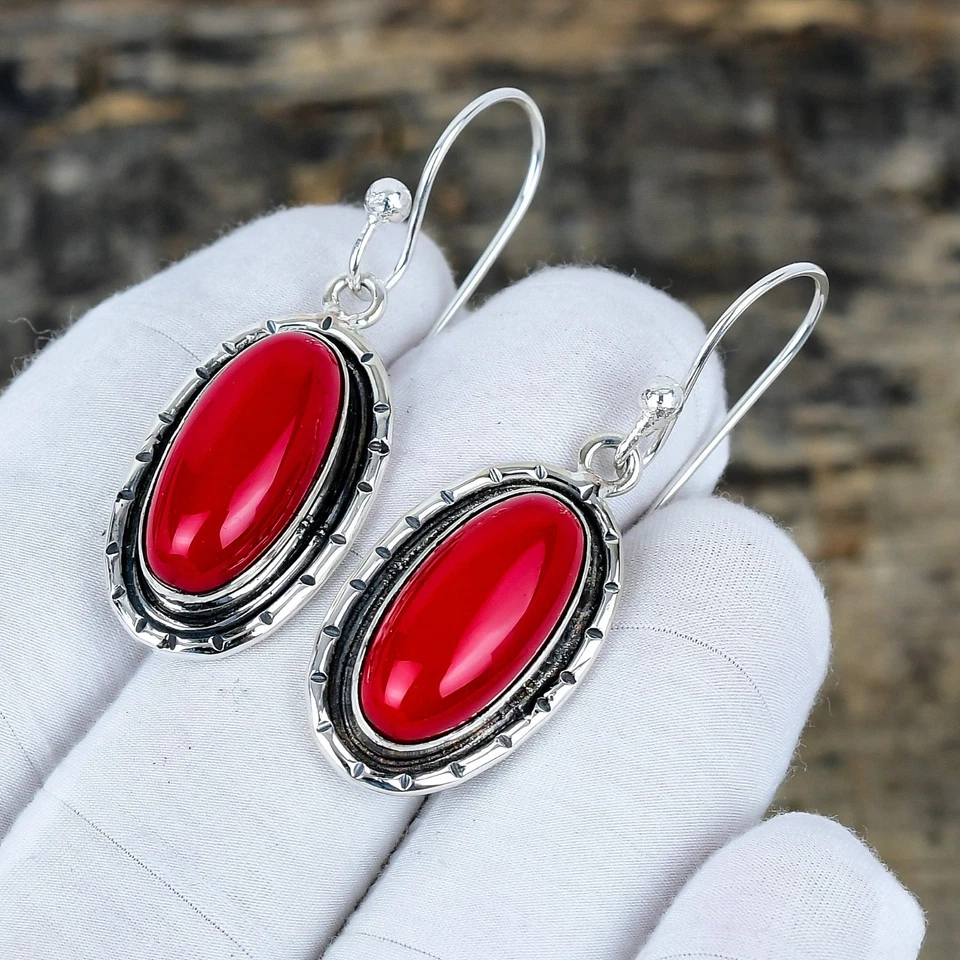 Naturale Corallo Rosso Gemma Artigianale 925 Argento Sterling Gioielli Orecchini - Immagine 2 di 4