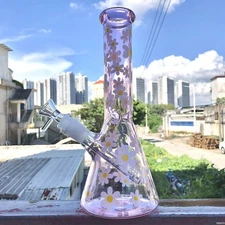 10" Pink Daisy Hookah Glass Bong Water Smoking Pipe Percolator Bongs Hand Pipe