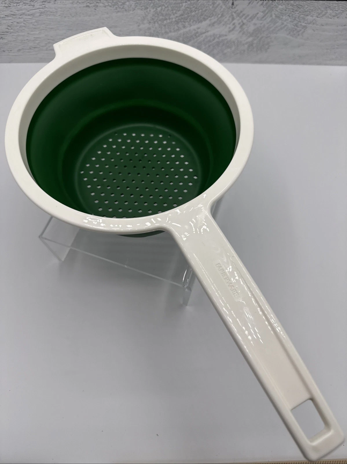 Vtg Farberware Colander Strainer Collapsible White Green Pot Hook Long Handle
