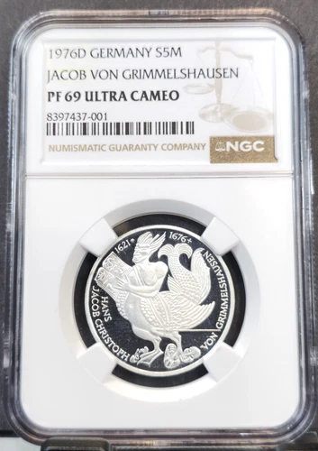 1976 GERMANY SILVER 5 MARK JACOB VON GRIMMELSHAUSEN NGC PF 69 ULTRA CAMEO RARE