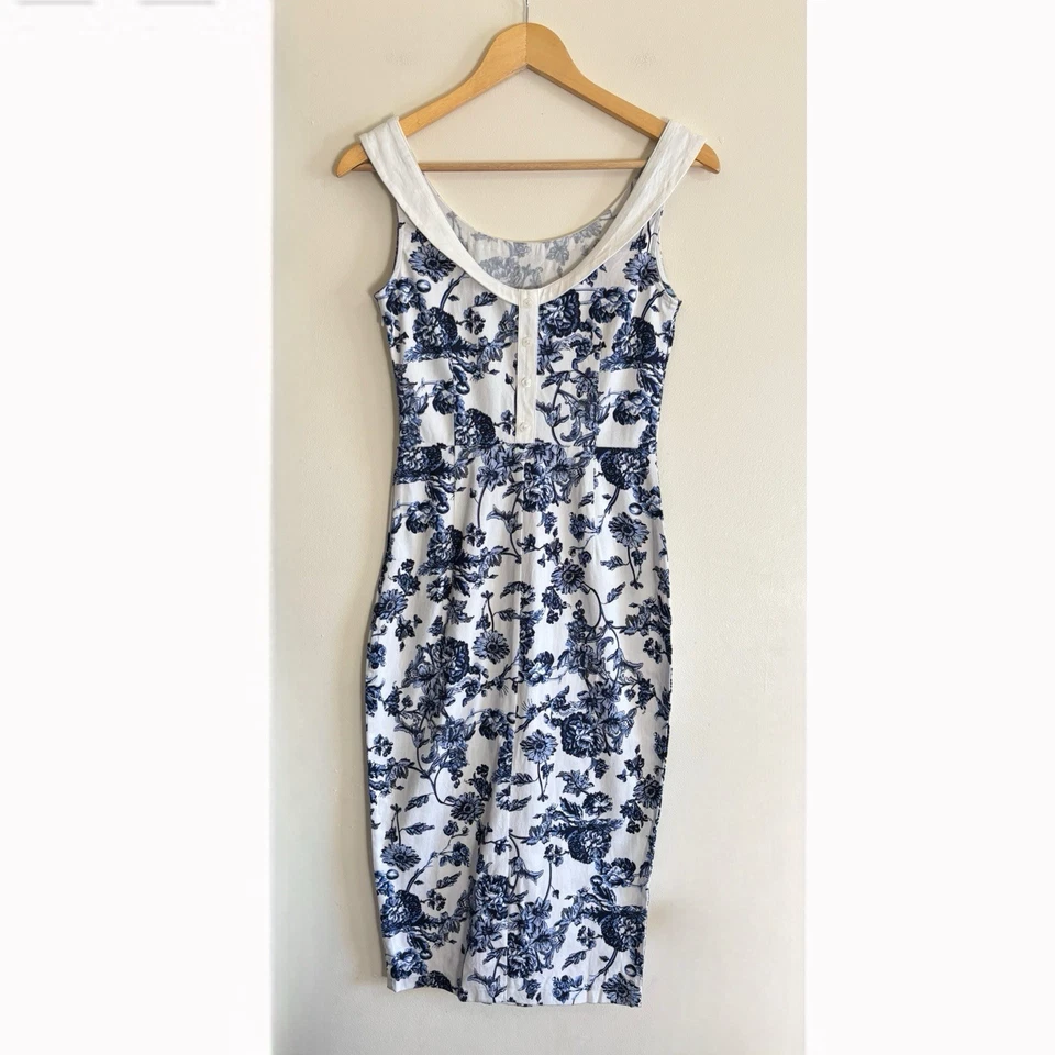 Vestido Collectif Vintage Mujer Pequeño Ajustado Blanco Azul Estampado Toile Helen Retro Foto 3 de 4