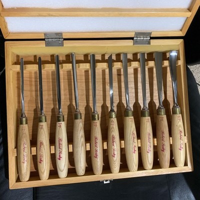 ROBERT SORBY SET  10 WOOD CARVING TOOLS IN CUSTOM CASE  + 1 PALM TOOL + MANUAL
