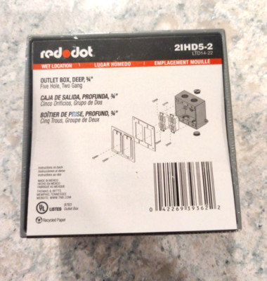 Red Dot 2IHD5-2 Deep Outlet Box 3/4'' Five Hole Two Gang, BELL BOX, EXTERIOR PLUG
