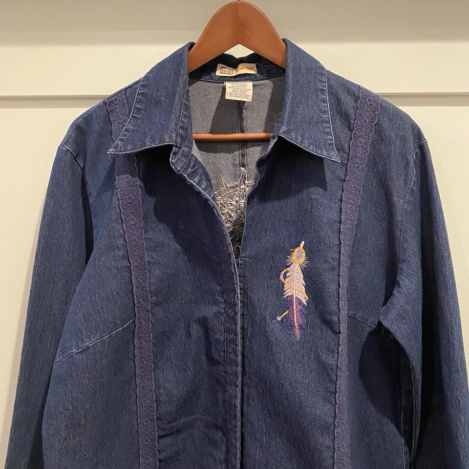 Chaqueta Denim Glory Desteñida Mujer XL Azul Blazer Atrapasueños Elastizada Bordada Foto 2 de 4