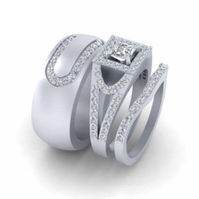 Princess Cut Simulated Diamond Halo Engagement Ring Band Set Matching Couple Set