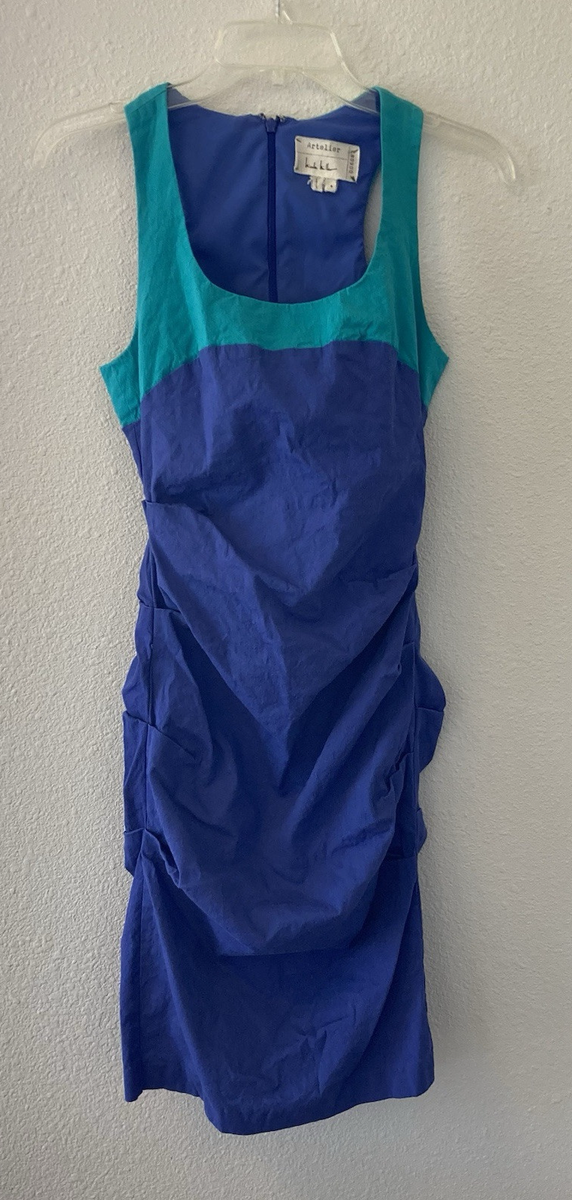 Nicole Miller Artelier Dress Sz 6 Blue Colorblock Ruched Linen Blend Art 2 Wear Nicole Miller Artelier Dress Sz 6 Blue Colorblock Ruched Linen Blend Art 2 Wear