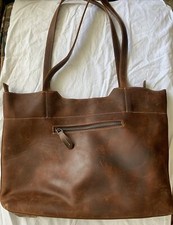 S-zone Distressed Brown Leather Zip Top Tote Shoulder Bag 