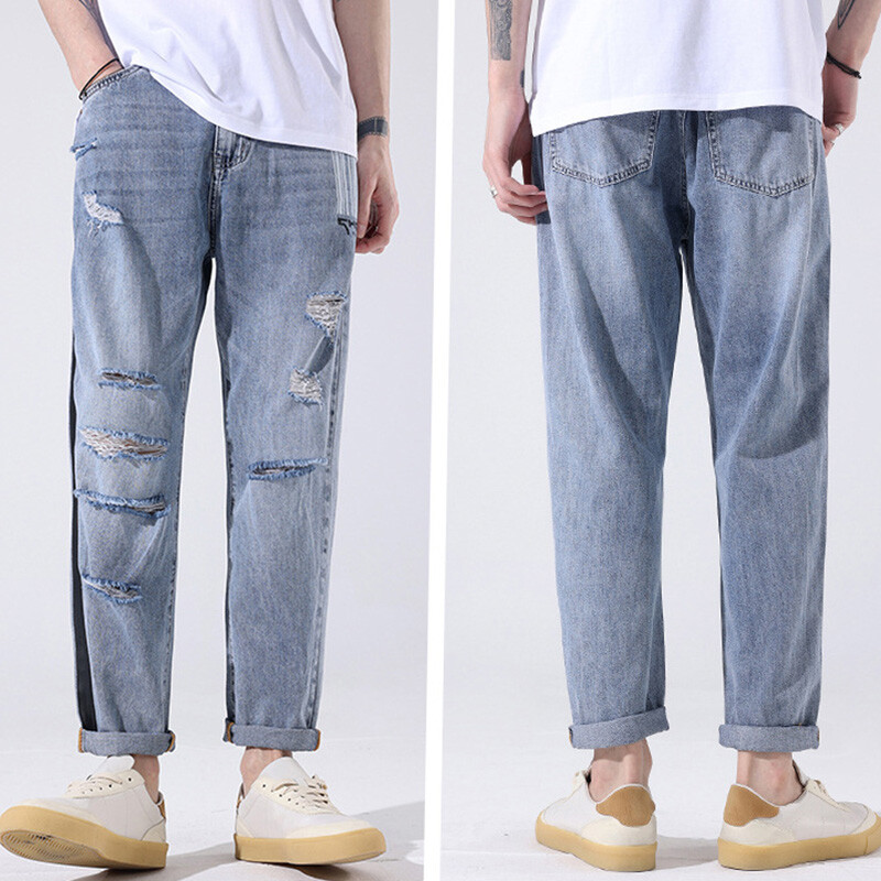 Men Denim Jeans Pants Distressed Ripped Cargo Work Trousers Casual