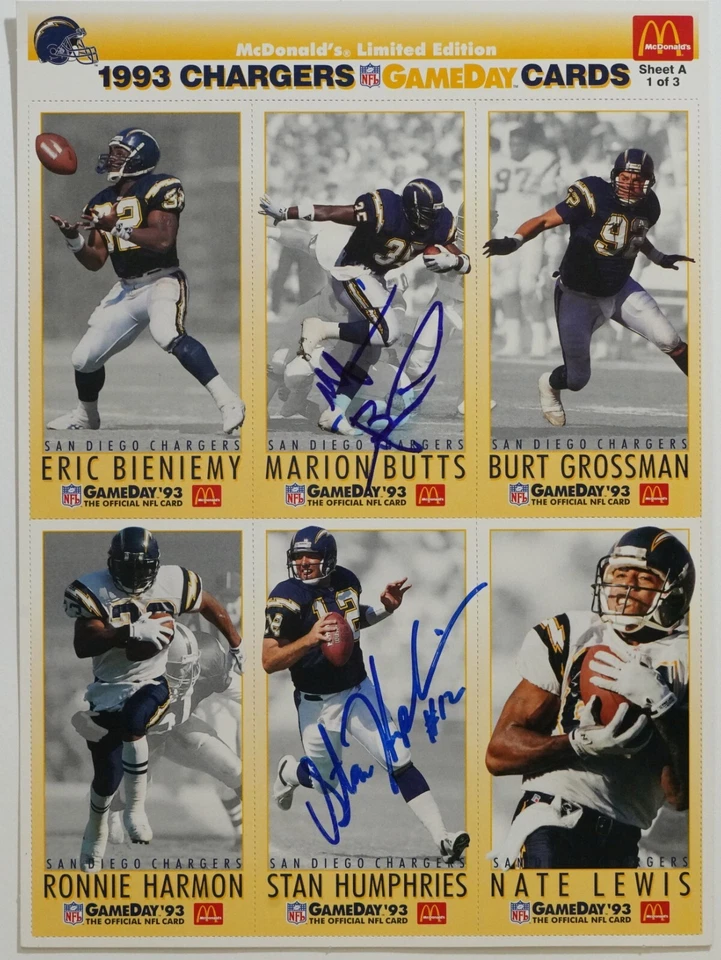 Tarjeta firmada por Stan Humphries Marion Butts 1993 McDonald's GameDay hoja sin cortar BAS Foto 3 de 4