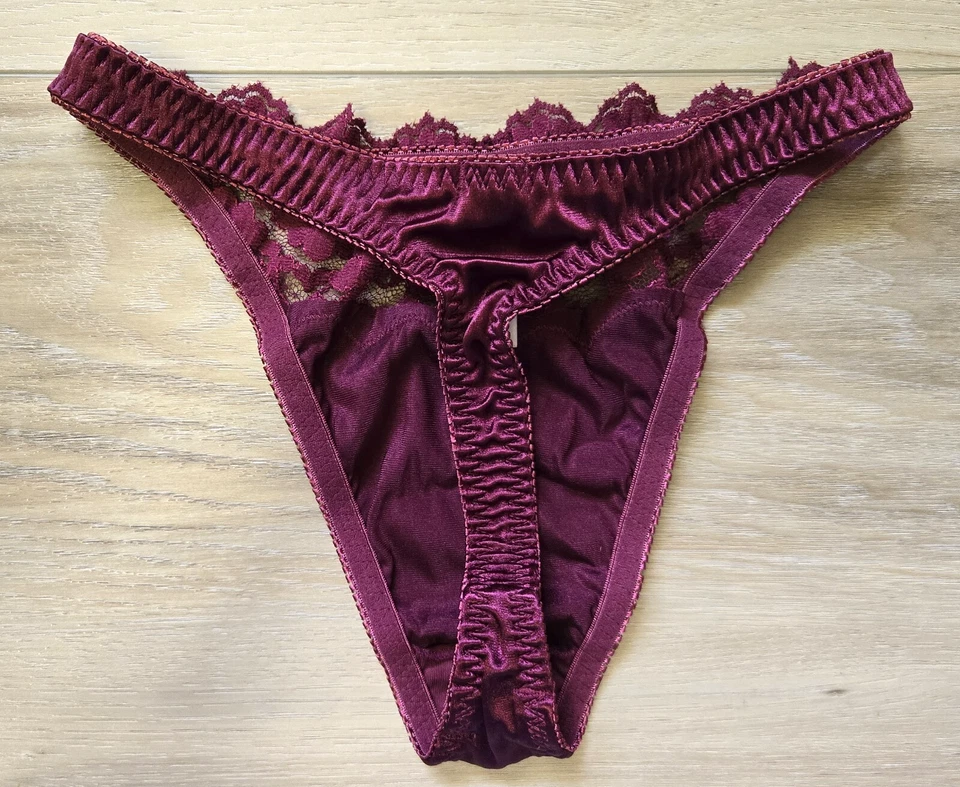 Vintage Victoria's Secret Burgundy Second Skin Satin Lace Waist Thong Panties S - Image 2 of 3
