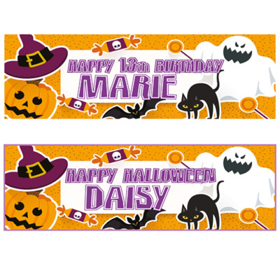 2 PERSONALISED HAPPY HALLOWEEN BANNERS - ANY NAME - ANY MESSAGE | eBay UK