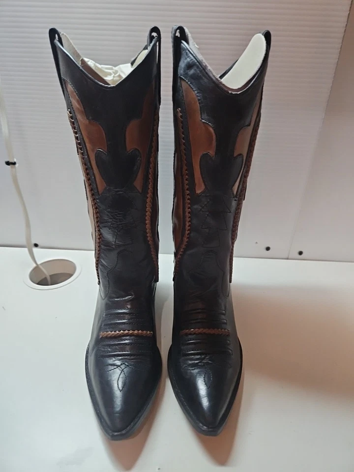Circle S Botas Vaqueras Mujer 7.5 Hechas a Mano En Brasil Negro Marrón Corte Trenza De Colección Foto 3 de 4