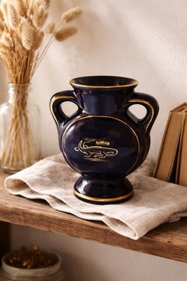 Vintage BLOIS Pottery Vase Cobalt Blue Gold Lizard Amphora MCM Art Studio 