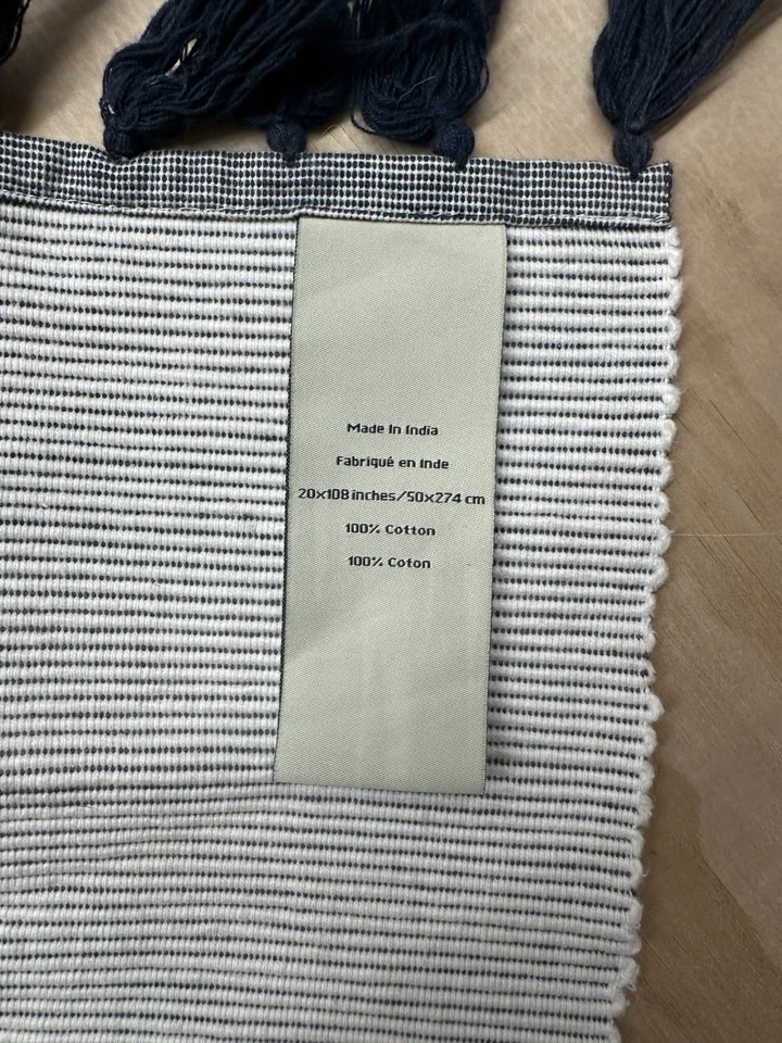 Pottery Barn Blue Striped Table Runner 20 X 108" Ribbed Fringes India Cotton - Image 2 of 4