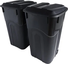 32 Gallon Wheeled Outdoor Garbage Can with Attached Snap Lock Lid  2 Pack