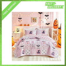 Halloween Quilt Set Twin, Pink White Patchwork Bedspread Coverlet, 2 Piece